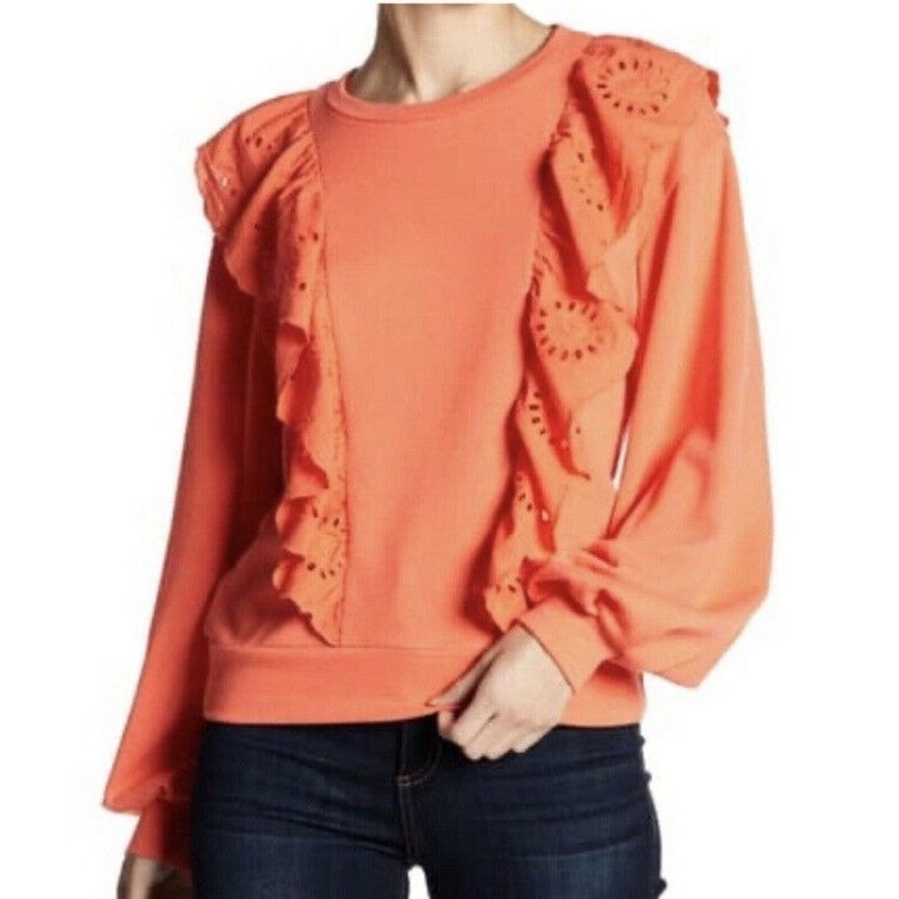 Melrose and Market Sweatshirt Womens Extra Small Coral Eyelet Ruffle Terry Fall
